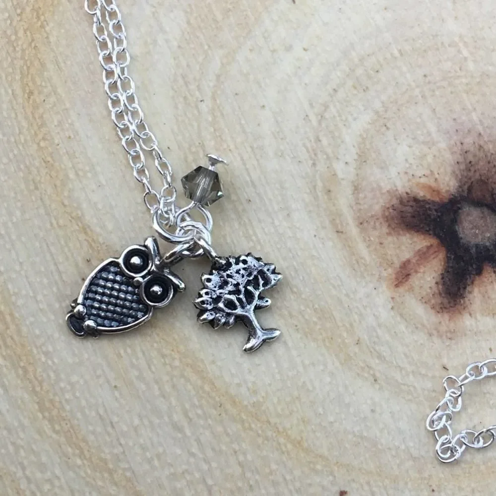 Girls Owl And Tree Of Life Sterling Silver Necklace With Swarovski Crystal